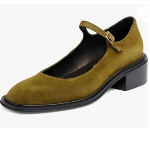 XYD Olive Low Heel Mary Janes Square Toe Slender Strap Chunky Pumps Casual Shoes